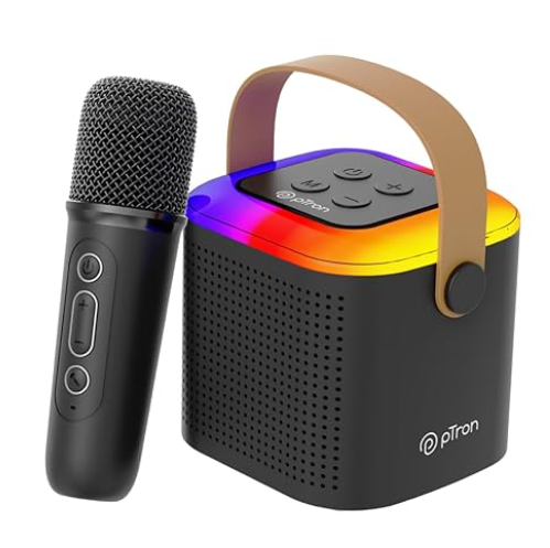 pTron Newly Launched Fusion Tunes 10W Mini Bluetooth Speaker with Wireless Karaoke Mic, 8Hrs Playtime, Vivid RGB Lights, Voice Effects, Multi-Play Modes BT5.1/TF Card & Type-C Charging Port (Black)